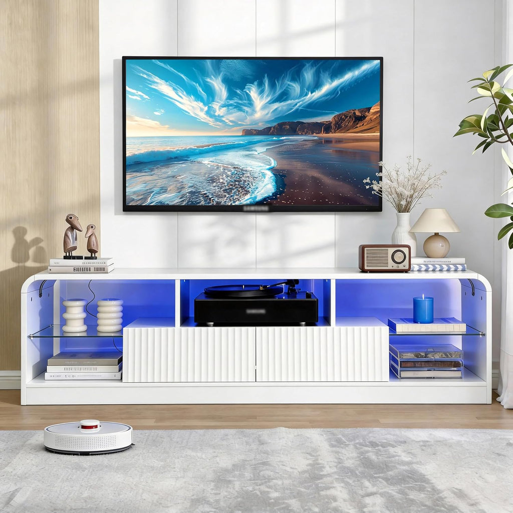 Wodeer Mid Century Modern TV Stand for 55 60 65 70 75 Inch TVs, Fluted TV Stands for Living Room with LED Lights, 63'' Entertainment Center with 2 Large Drawers & Glass Shelves, White
