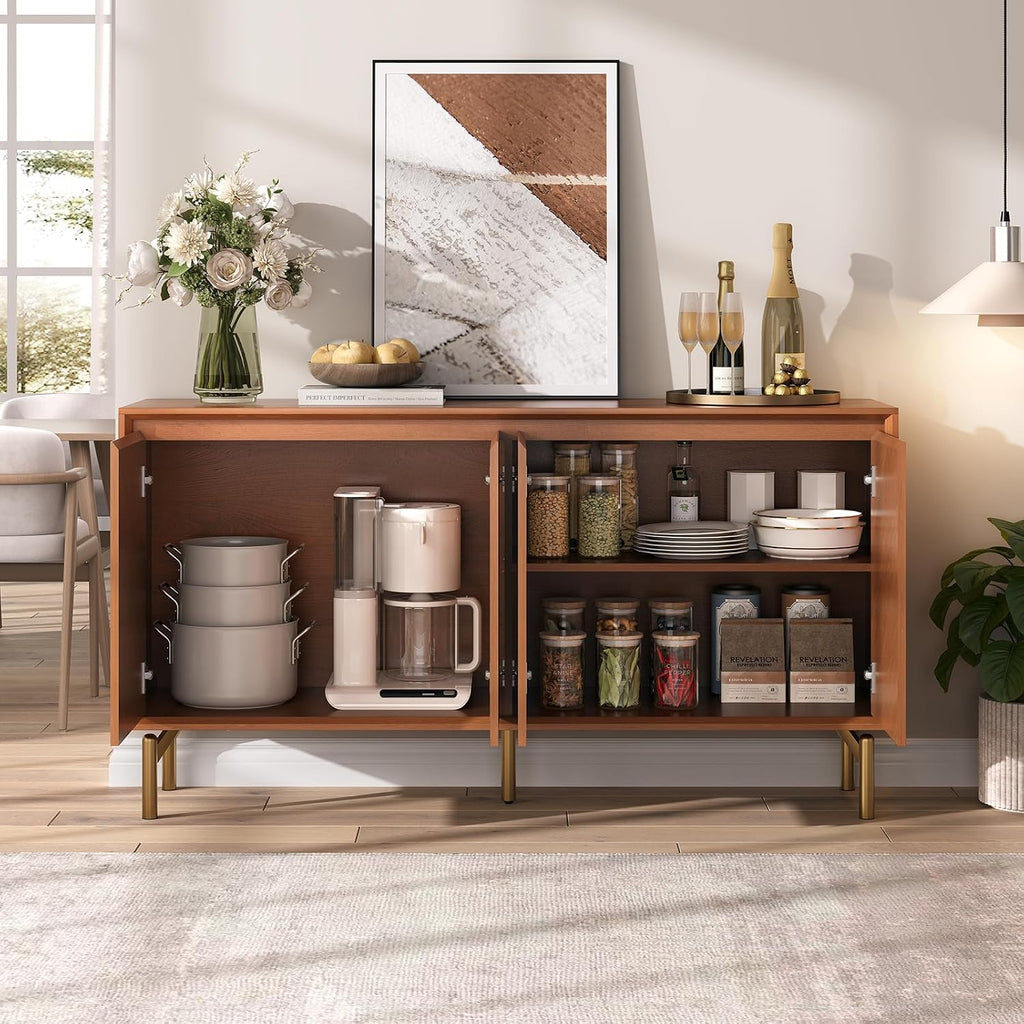 JOINICE Storage Cabinet, 59' Sideboard Buffet Cabinet with 4 Doors, Mid-Century Modern Wood Accent Cabinet, Chevron Pattern Credenza for Dining Room, Living Room, Entryway, Brown