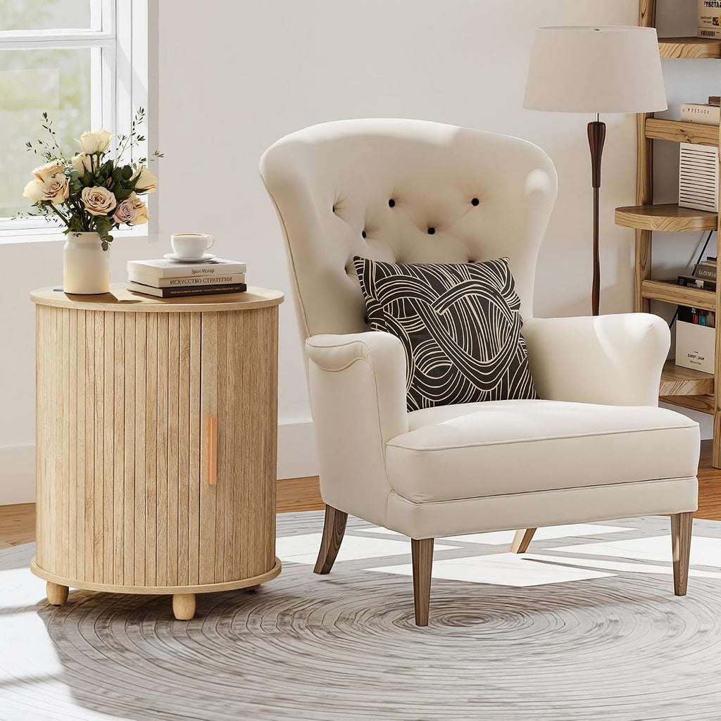 Set of 2 Fluted Round End Table with Charging Station, Small Farmhouse Sofa Side Table with Sliding Tambour Door & Storage, Mid-Century Wood Fulted Nightstands for Living Room, Bedroom (Natural)