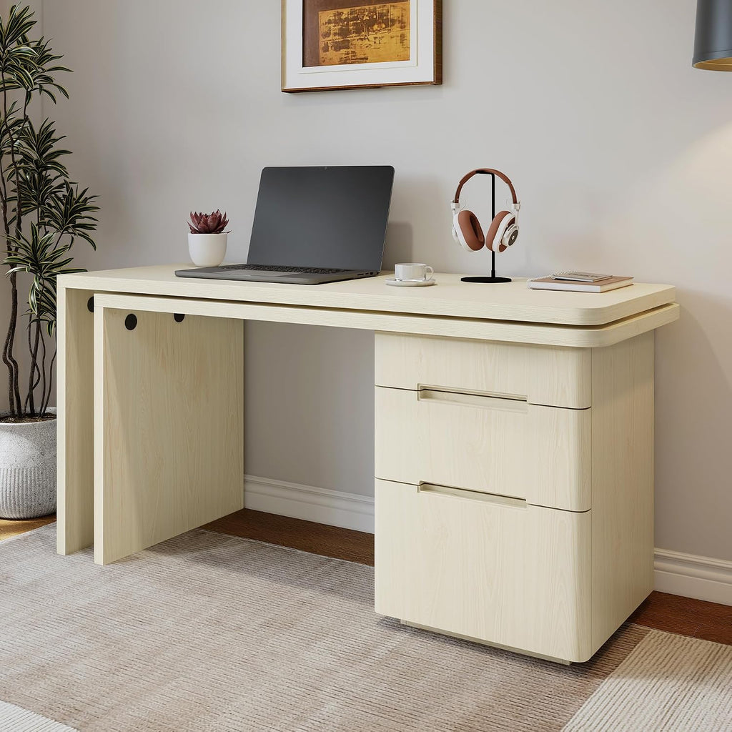 Merax Home Office Desk L Shaped with 3 Drawers,Wooden Rotating Desk | 90' Large Executive Office Workstation,Corner Work Table for Study Writing,Walnut