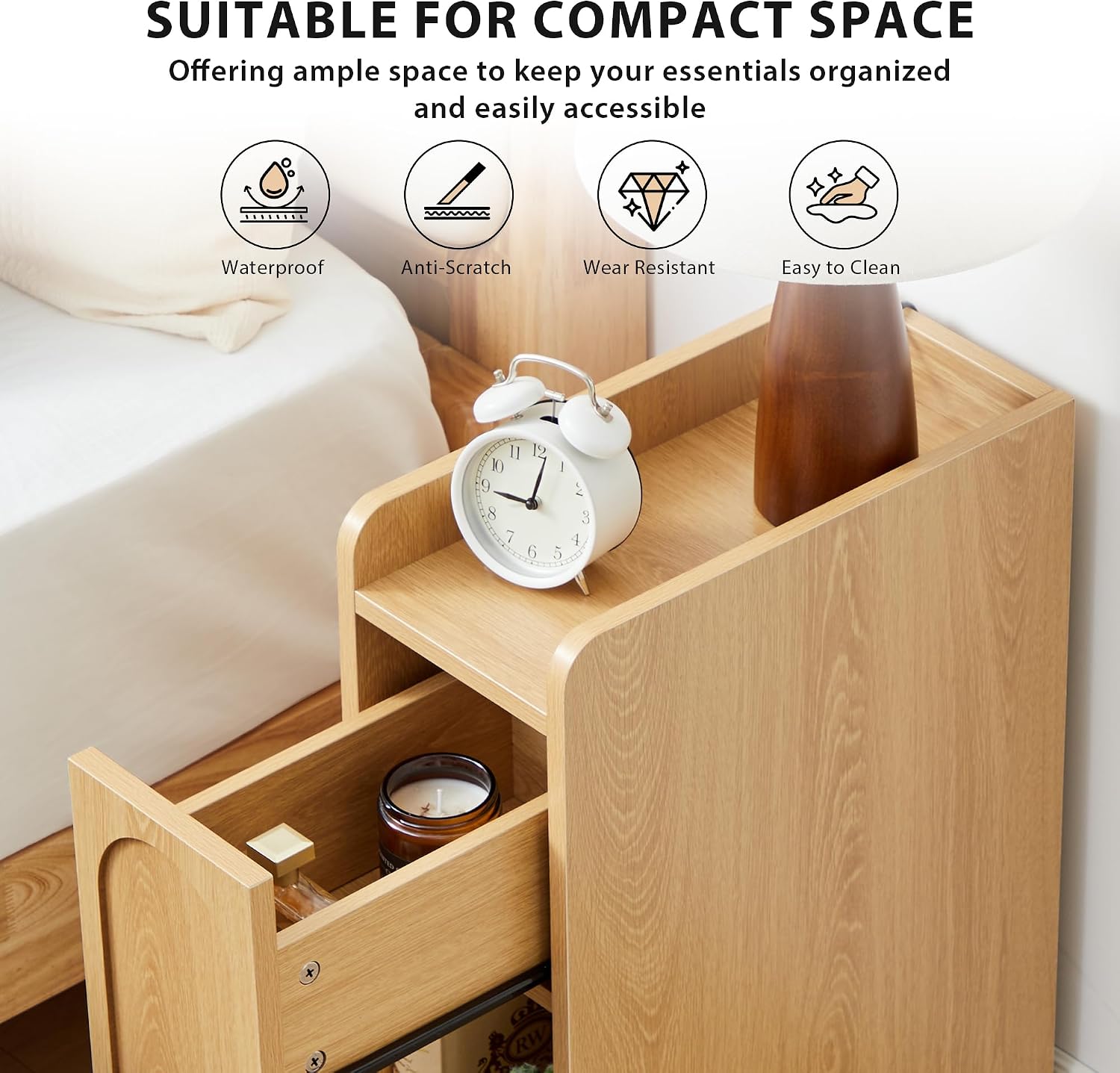 Narrow Nightstands Set of 2, Slim Bedside Tables with Raised Edge Top, Arched Drawer & Open Shelf, Modern Wooden Small End Tables for Bedroom Small Spaces (2, Natural)