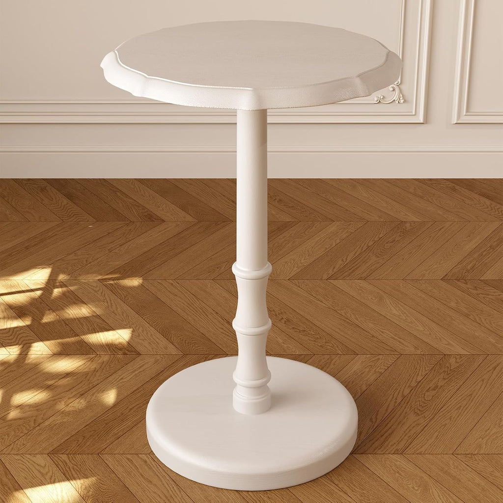 100% Solid Wood Round Pedestal Side Table, Vintage End Table for Living Room Bedroom, Heavy-Duty Antique Accent Table for Corner Spaces, Small Bedside Nightstand, 5-Min Assembly, White