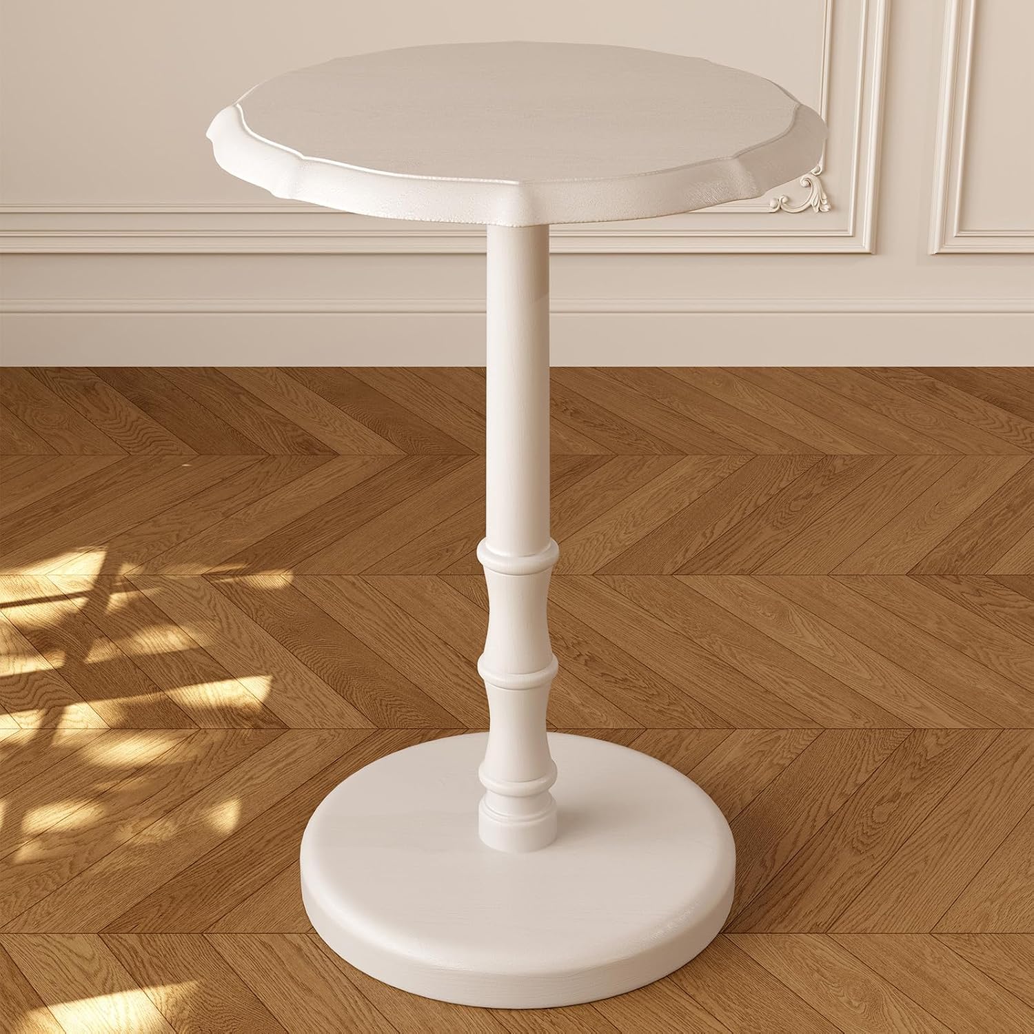 100% Solid Wood Round Pedestal Side Table, Vintage End Table for Living Room Bedroom, Heavy-Duty Antique Accent Table for Corner Spaces, Small Bedside Nightstand, 5-Min Assembly, White