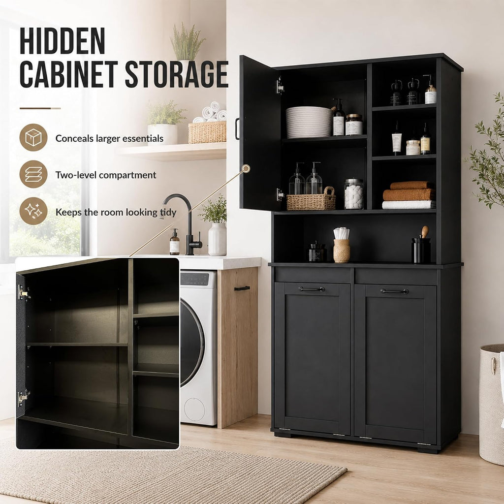 Bathroom Storage Cabinet with 2 Tilt-Out Bins, Freestanding | Particle board, MDF, melamine finish, 2 tilt-out bins, adjustable shelf, open shelves, bathroom, 31.5 W x 15.75 D x 63 H in