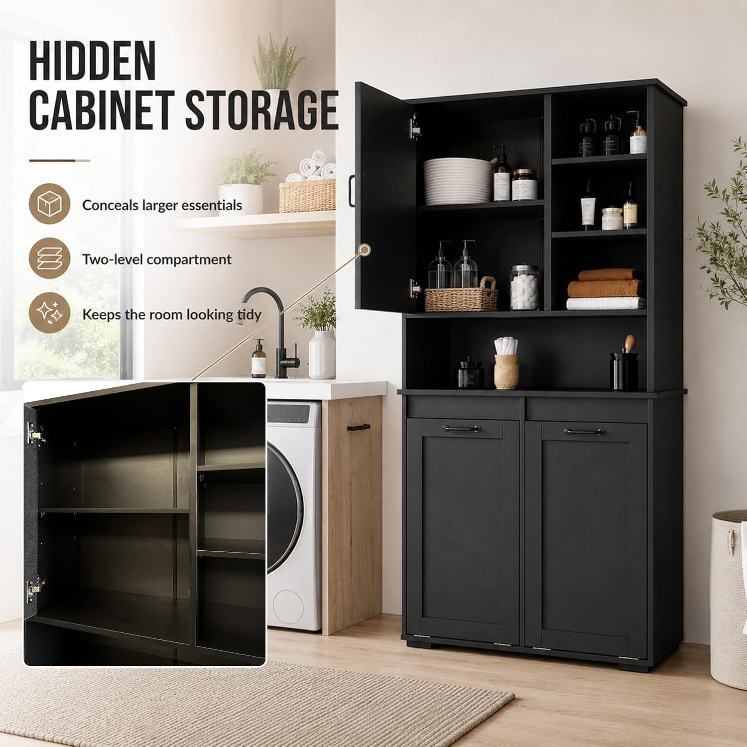 Bathroom Storage Cabinet with 2 Tilt-Out Bins, Freestanding | Particle board, MDF, melamine finish, 2 tilt-out bins, adjustable shelf, open shelves, bathroom, 31.5 W x 15.75 D x 63 H in