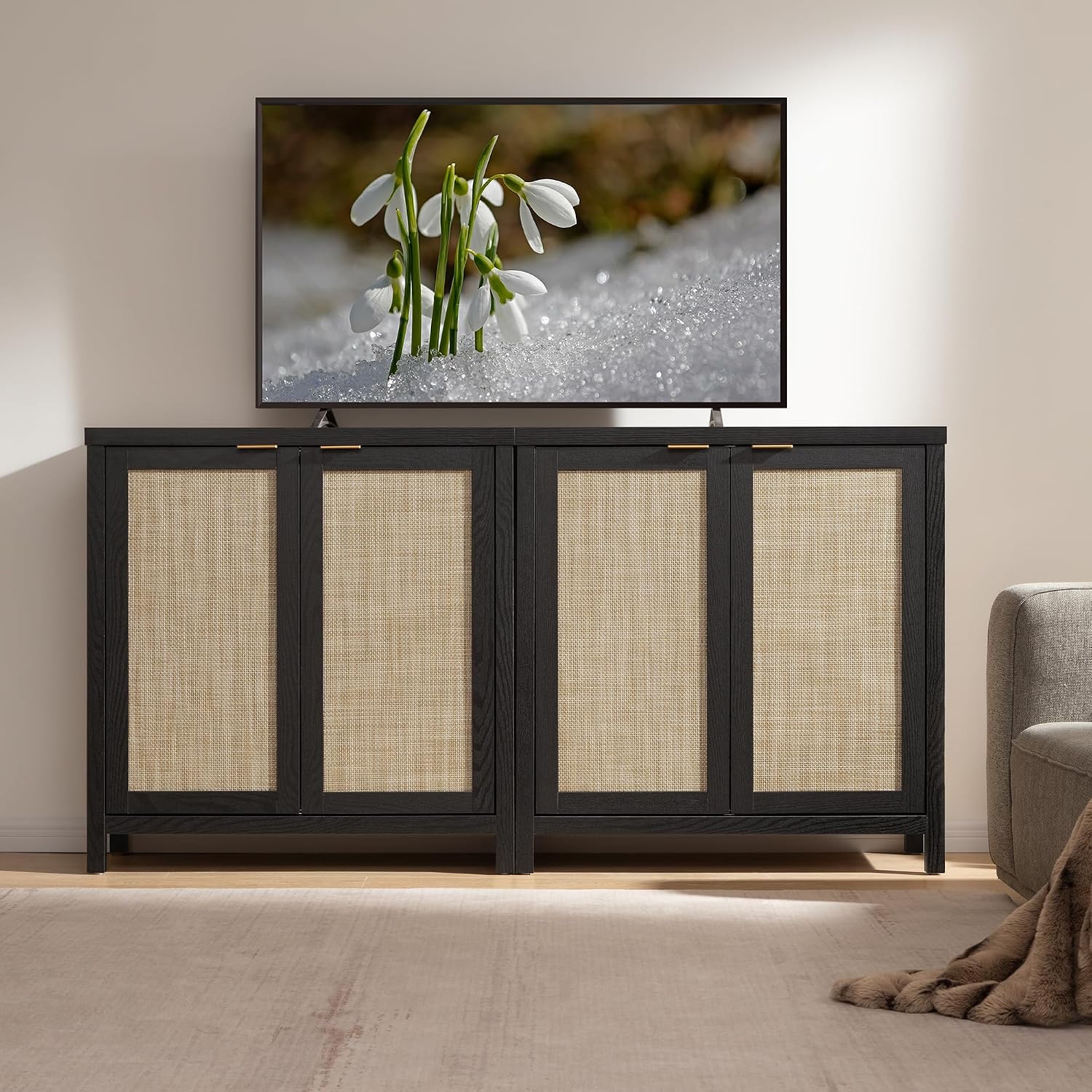 SICOTAS Sideboard Buffet Storage Cabinet - Boho Rattan Credenza Coffee Bar Cabinet with Large Storage, Farmhouse Console Buffet Table for Kitchen Living Room Entryway - 2 Black Pieces