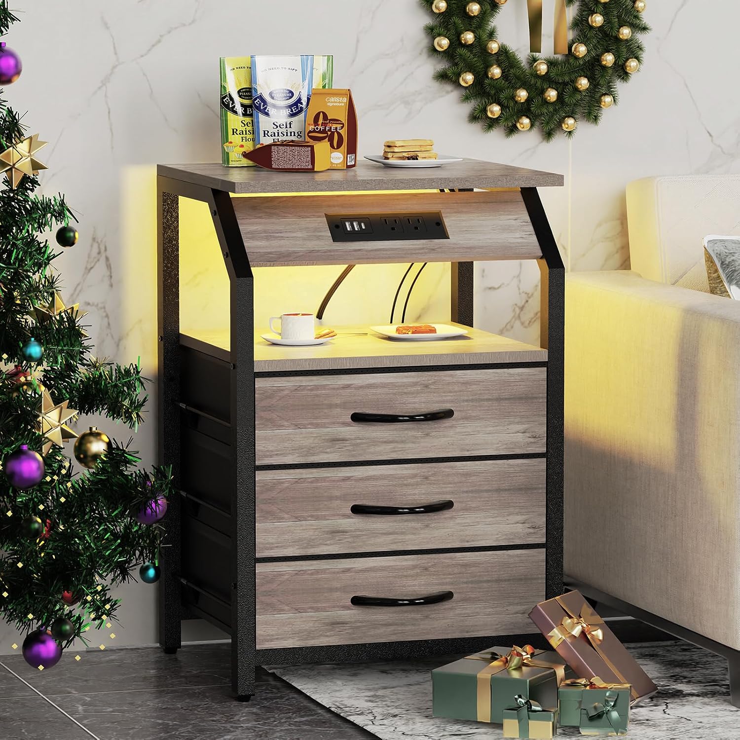 SZLHANJZ Night Stand Set of 2, Nightstands with Charger Station and LED Lights, End Tables Set with 3 Fabric Drawers, Storage Side Tables for Bedside, Living Room, Greige