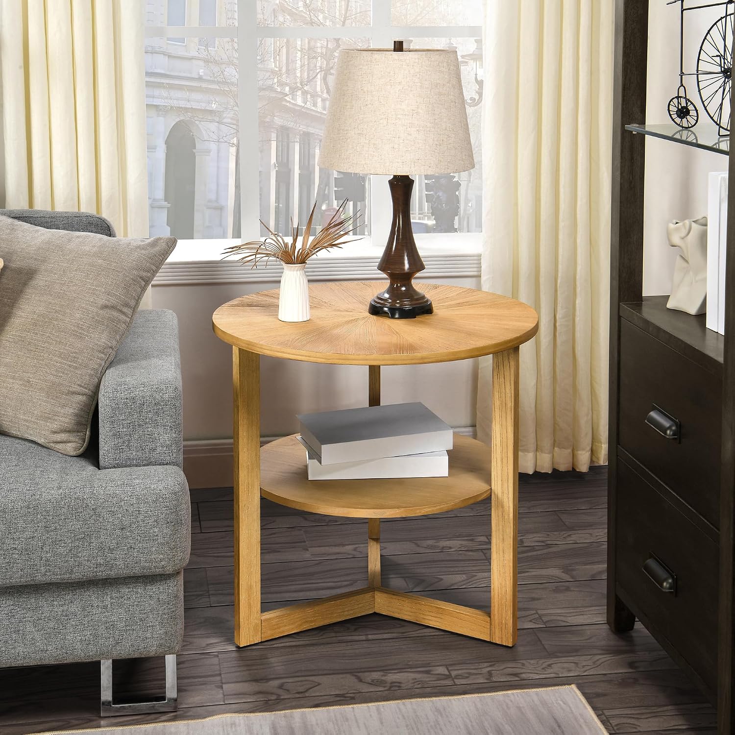 Large Round End Table, Rustic Beside Table with Umbrella Shaped Top, Traditional Circular Sofa Side Table with Shelf, 25.2'D Nightstand, Telephone Table for Living Room Natural CJZ3338OA