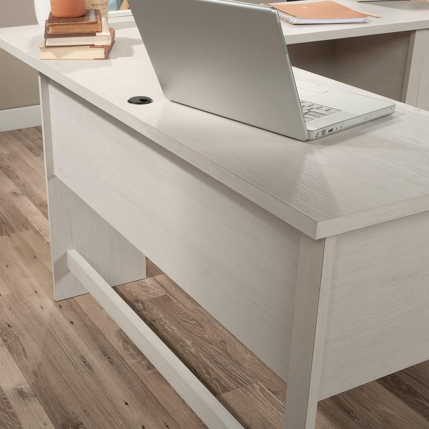 Sauder Summit Station L-Shaped Corner Home Office Desk with Drawer and Open Storage Shelf, in Glacier Oak