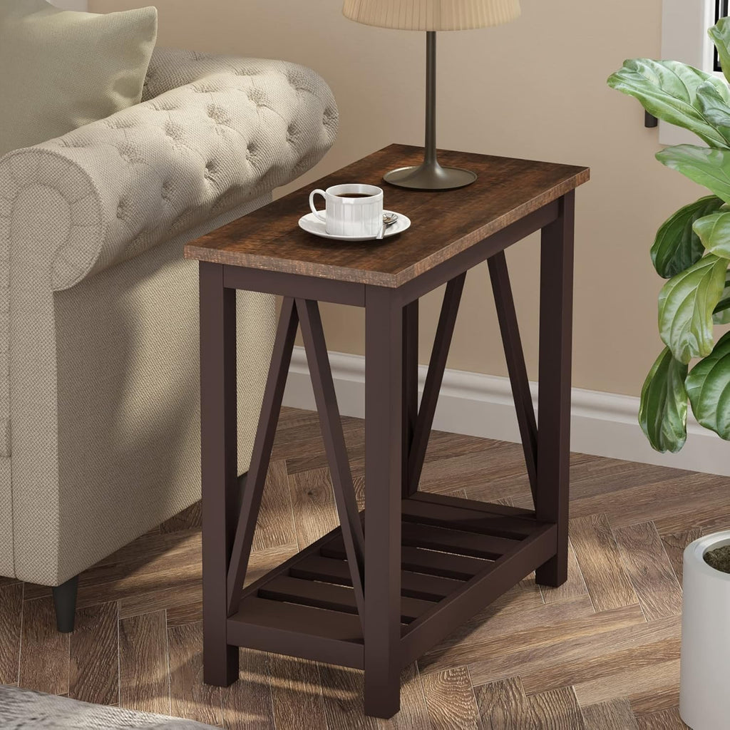ChooChoo Farmhouse End Table, Rustic Vintage Narrow End Side Table with Storage Shelf for Small Spaces, Nightstand Sofa Table for Living Room, Bedroom Espresso 2 Pack
