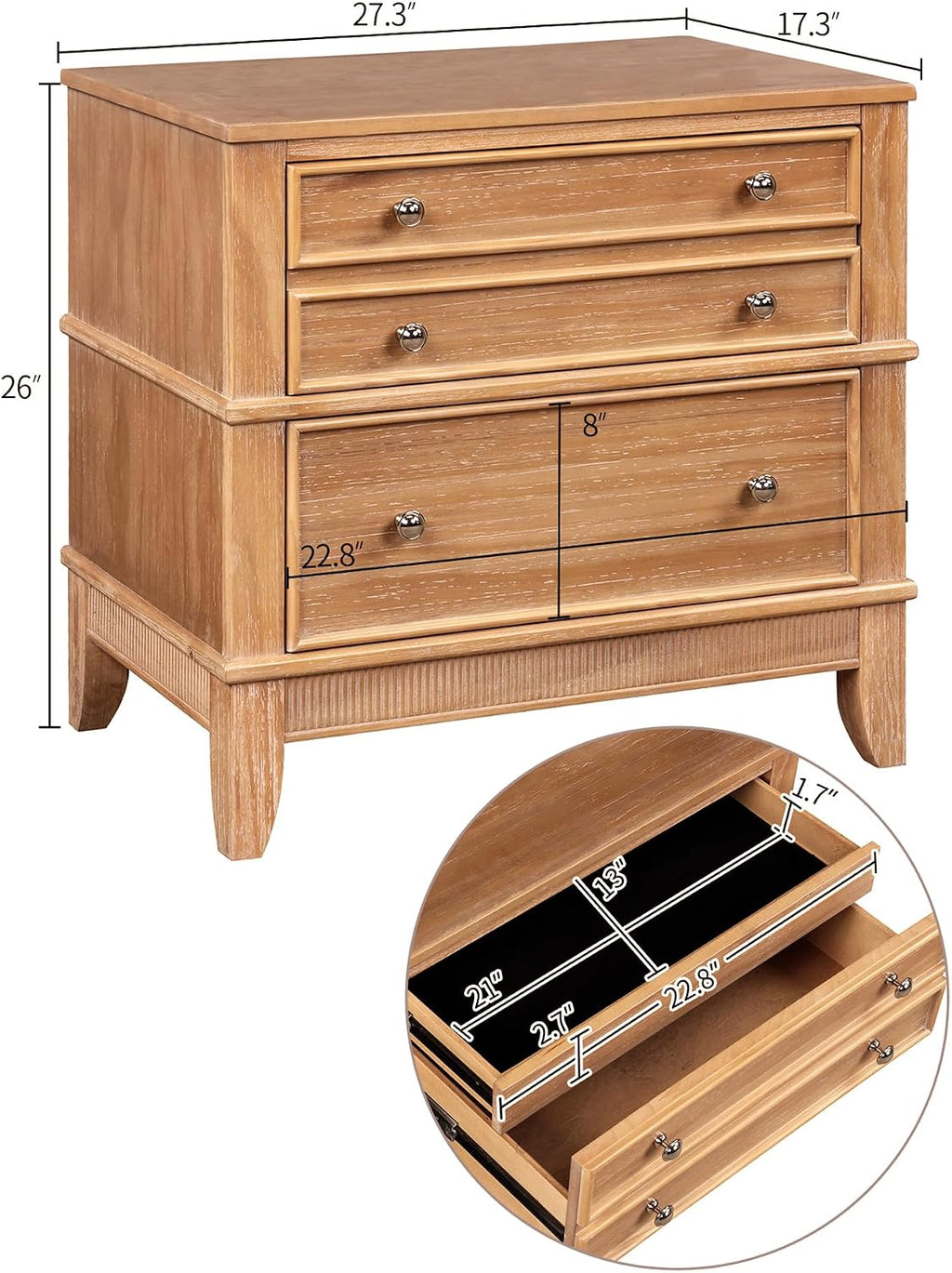 Modern Farmhouse Night Stand, Wooden Sofa Side End Table with 3 Drawers, Wood Legs and Handle, Side Table for Living Room Hallway Entryway, 17.3' D x 27.3' W x 26' H, Natural
