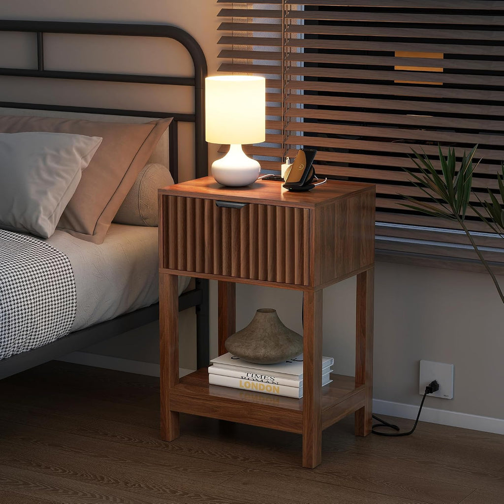 Nasonet Night Stand Set 2, Fluted Nightstand with Charging Station, Wood Bedside Table with Drawer & Storage Shelf, Modern End Tables for Bedroom Sofa Couch Office, Walnut