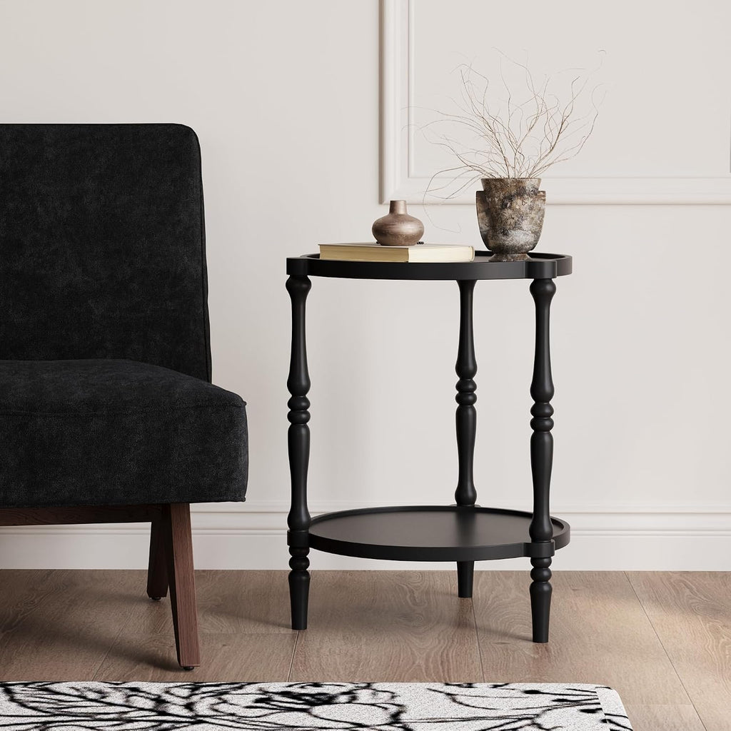 Accent Wood End Table, 2-Tier Round Bedside Table, Natural Side Table Nightstand for Family, Bedroom, Living Room, Handcrafted Finish, Black