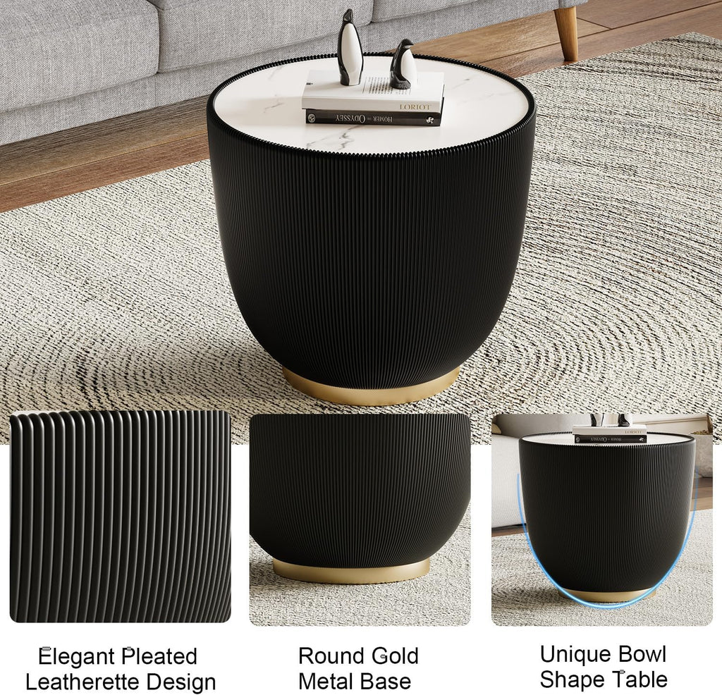 Modern Round Coffee Table Set of 2 Luxury Sintered Stone Top Coffee End Table in Black Leatherette Creative Bowl-Shape Small Coffee Side End Tables for Living Room Bedroom