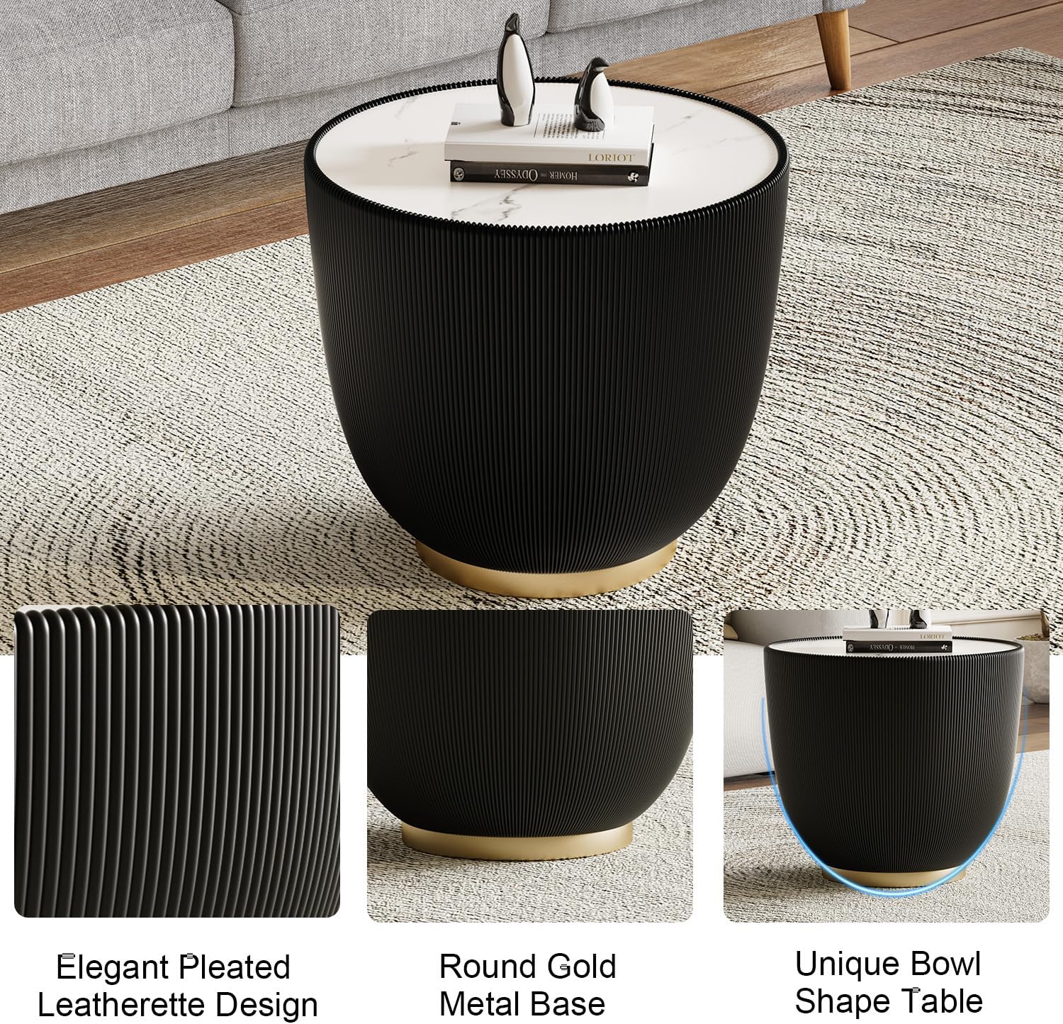 Modern Round Coffee Table Set of 2 Luxury Sintered Stone Top Coffee End Table in Black Leatherette Creative Bowl-Shape Small Coffee Side End Tables for Living Room Bedroom