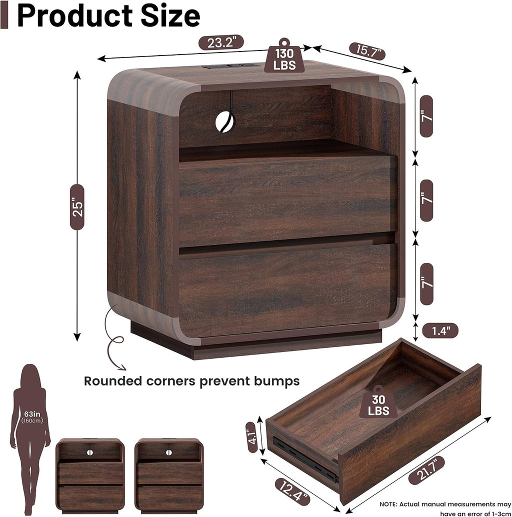 Standifurno Walnut Curved Nightstand Set of 2 with Charging Station, 23.2' Wide Wood Bedside Table 2 Storage Drawers, Modern Side Table Handleless, Large End Table Night Stand for Bedroom