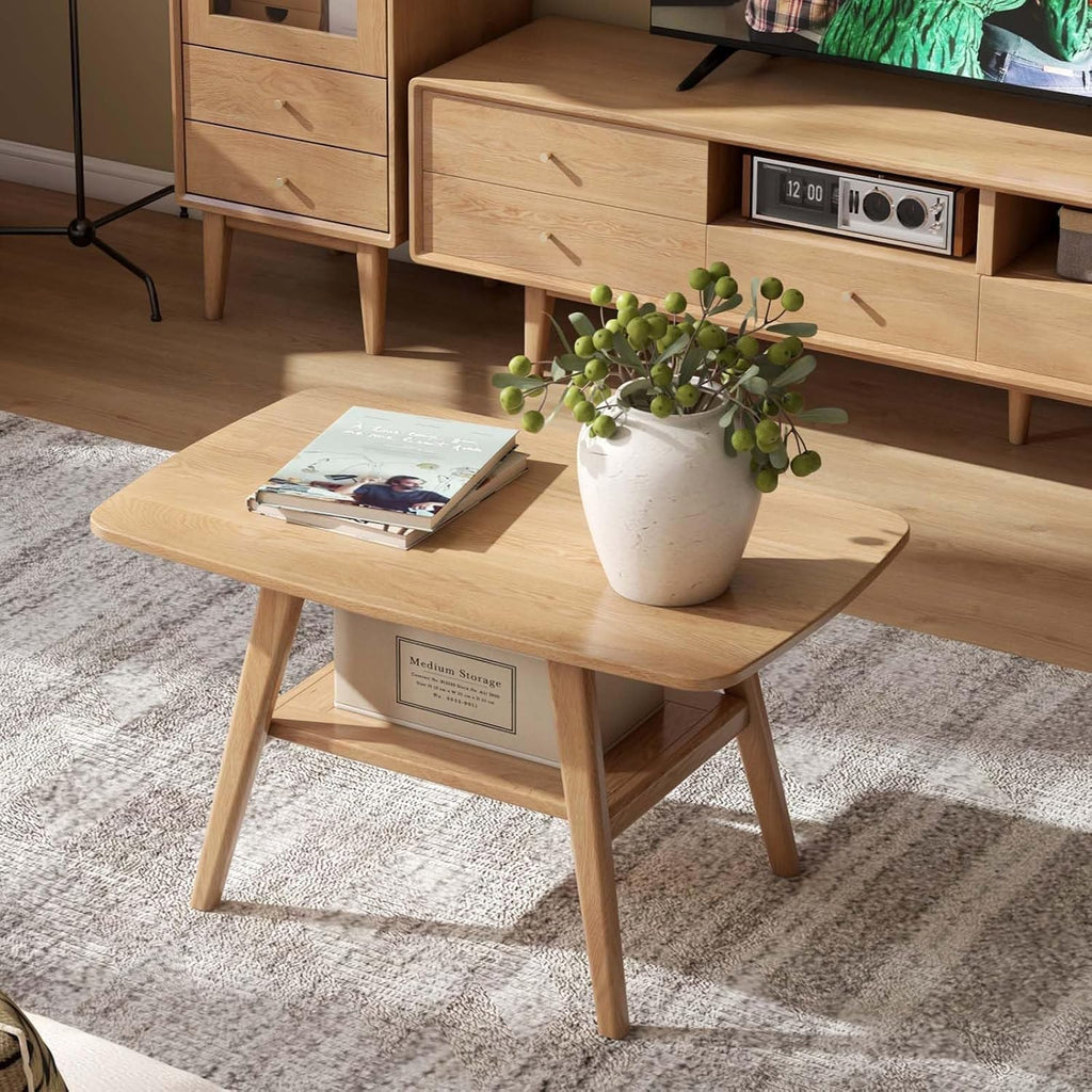 100% Solid Oak Wood Coffee Table for Living Room, Small Table with Shelf Storage, Mid Century Modern Coffee Tables with Rounded Corners for Home (Natural, 31.49' x 19.68' x 17.32')