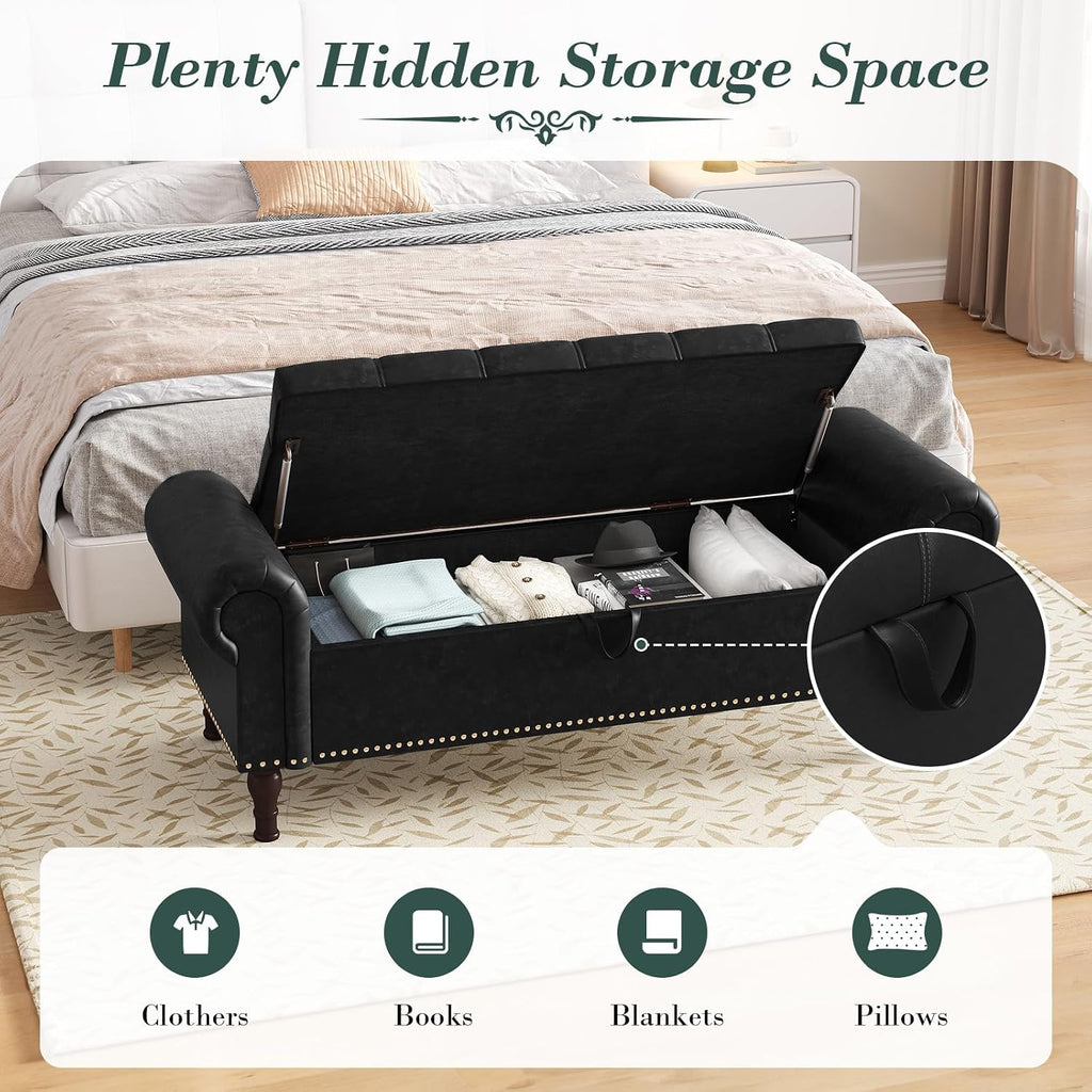 Apicizon 51' Bench with Storage, Queen Size Faux Leather End of Bed Bench with Tufted Button, Ottoman Bench with Rolled Arms & Vintage Rivets for Foot of Bed, Living Room, Entrance, Black