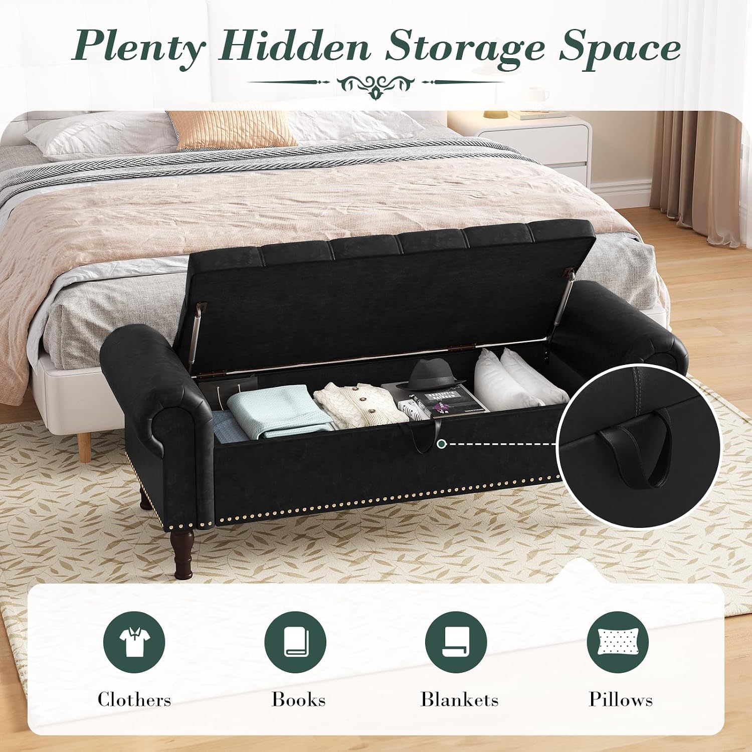 Apicizon 51' Bench with Storage, Queen Size Faux Leather End of Bed Bench with Tufted Button, Ottoman Bench with Rolled Arms & Vintage Rivets for Foot of Bed, Living Room, Entrance, Black