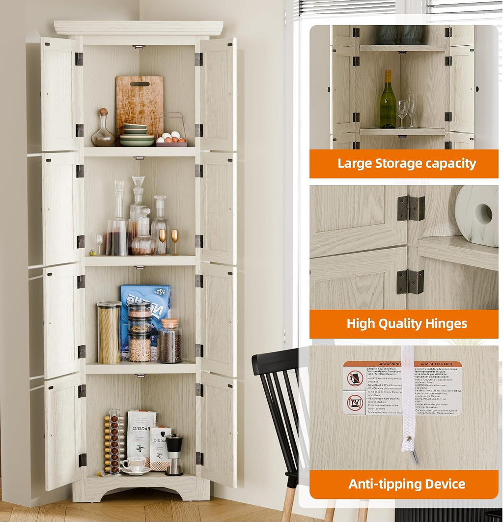 4 Tier Farmhouse Corner Storage Cabinet, 72' H Kitchen Pantry Cabinet with 8 Doors & 4 Shelves, Home Space Saver for Kitchen, Office, Living Room, White