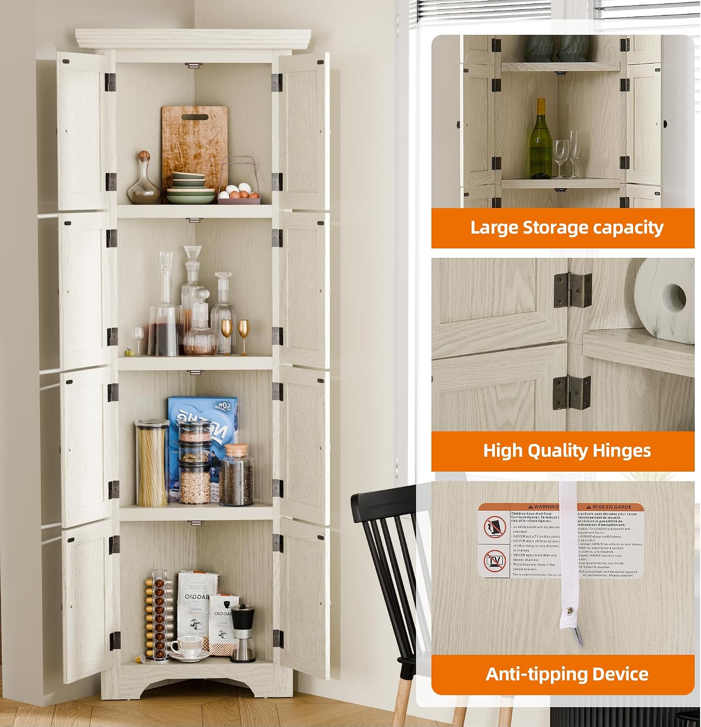 4 Tier Farmhouse Corner Storage Cabinet, 72' H Kitchen Pantry Cabinet with 8 Doors & 4 Shelves, Home Space Saver for Kitchen, Office, Living Room, White