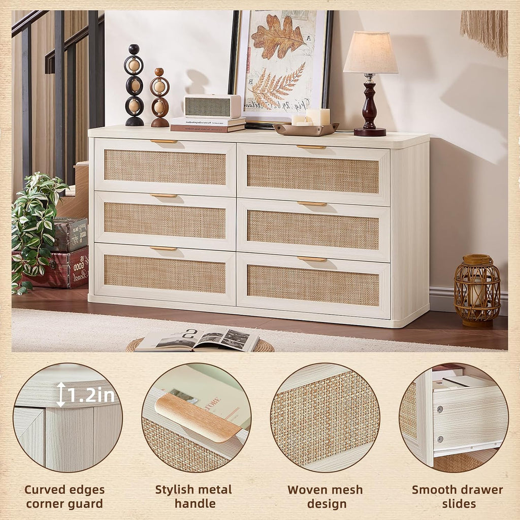 LEYAOYAO Rattan 6 Drawer Dresser for Bedroom Set of 2, Boho 54' Wide White Dresser Chest of Drawers, Dressers TV Stand with Metal Handle, Storage Dressers Closet Organizer for Living Room, Hallway