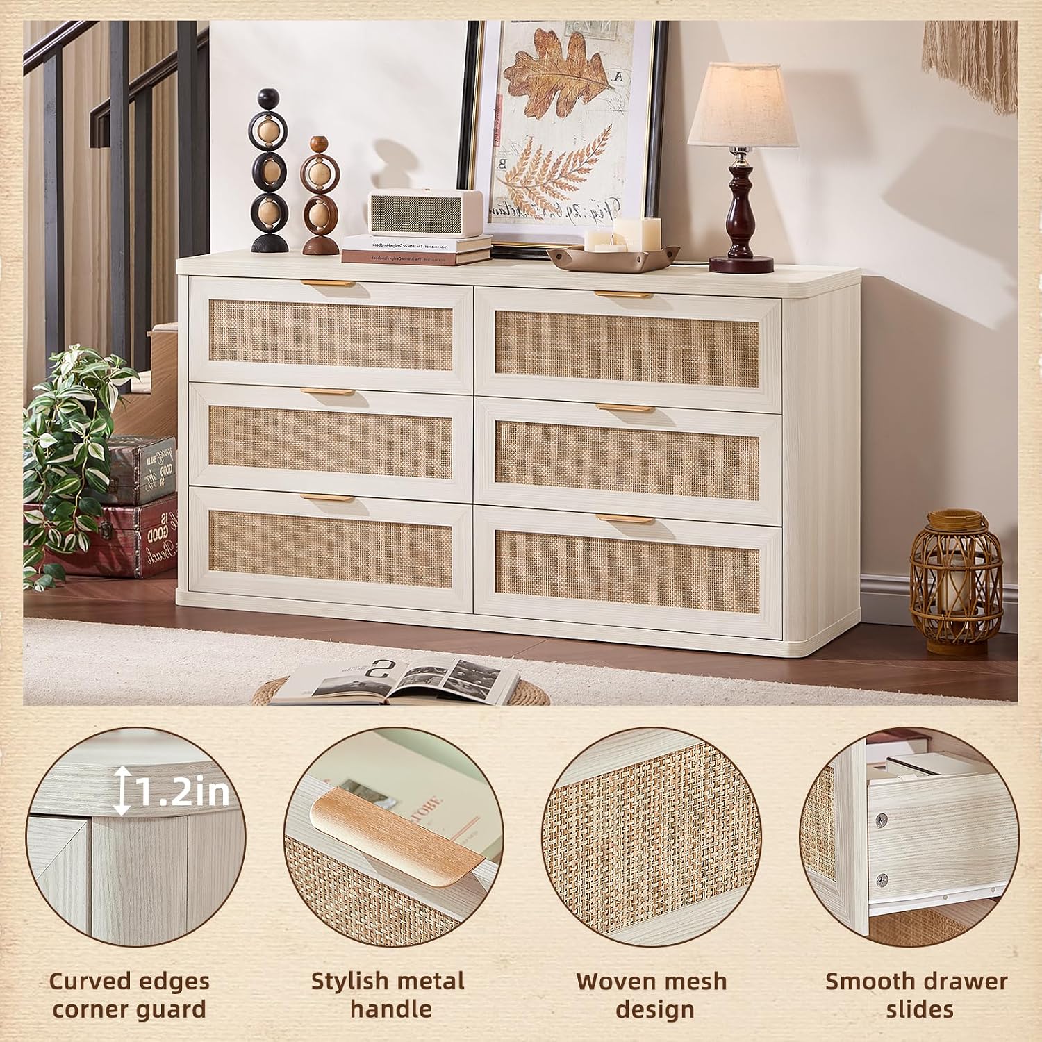 LEYAOYAO Rattan 6 Drawer Dresser for Bedroom Set of 2, Boho 54' Wide White Dresser Chest of Drawers, Dressers TV Stand with Metal Handle, Storage Dressers Closet Organizer for Living Room, Hallway