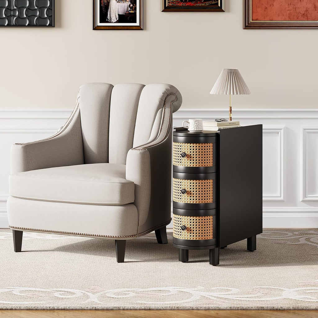 LITTLE TREE End Table, Rattan Narrow Side Table with 3 Drawers, No Assembly Required, Solid Wood Nightstand, Bedside Table for Living Room, Bedroom, Office, Bathroom, Black