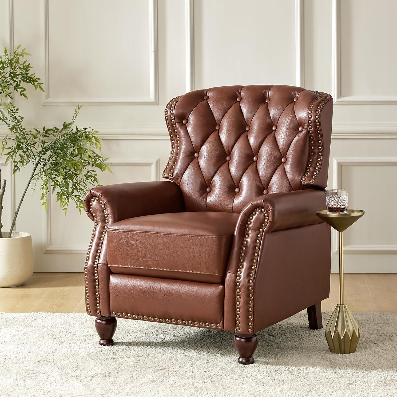 HULALA HOME Genuine Leather Recliner Chair Set of 2 w/Solid Wood Feet, Modern Adjustable Tufted Push Back Arm Chair w/Rivet Decoration, Home Theater Seating Reclining Sofa for Living Room, Brown