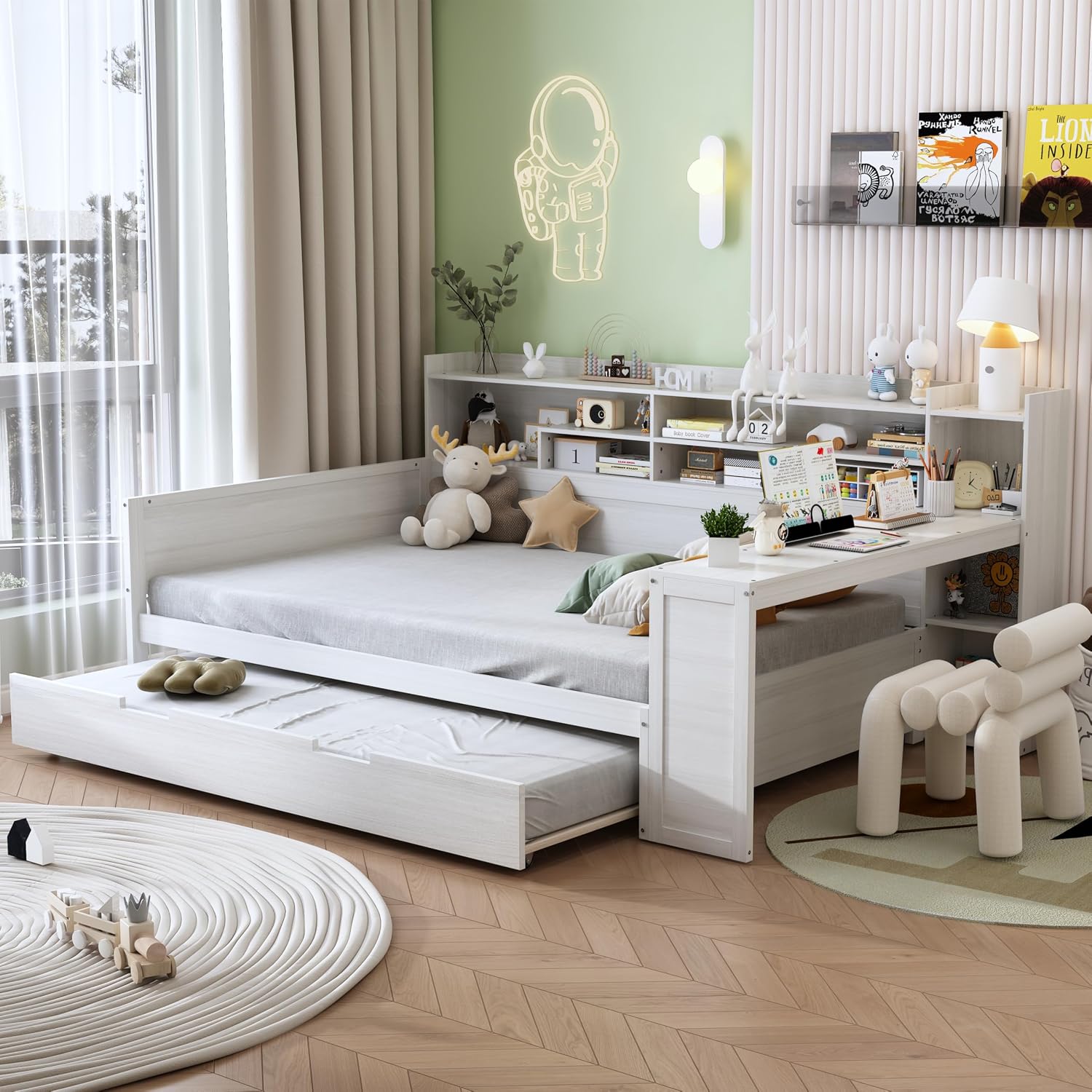 Wooden Full Size Corner Day Bed with Twin Trundle and Desk,L Shape Corner Daybed Frame with Storage Shelves and Wood Slat Support for Kids Teens Bedroom Guest Room,No Box Spring Needed,Antique White