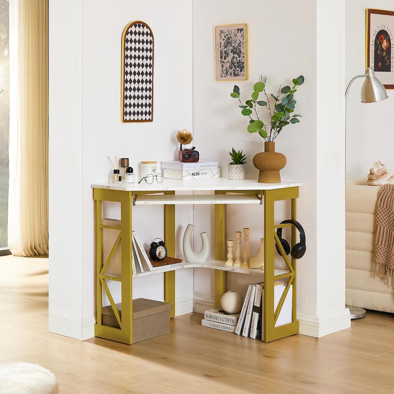 VECELO Corner Desk Computer Desk Writing Table with Smooth Keyboard Tray & Storage Shelves for Small Spaces,Compact Home Office Triangle Table,Gold & White