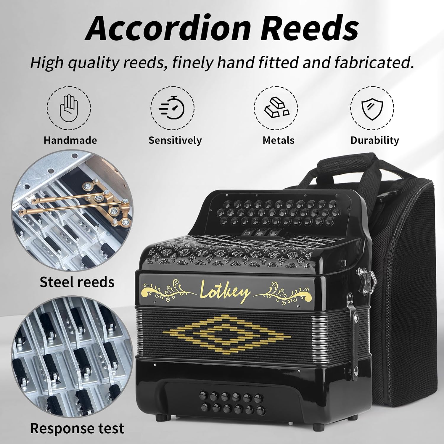 Lotkey 34 Key Diatonic Accordion, 3412 Multi Tone Celluloid Accordions Louder Clearer Timbre than Plastic for Adult, Beginner, Professional with Updated Bag, Straps, Acordeón Wrist Guard (FBE Black)