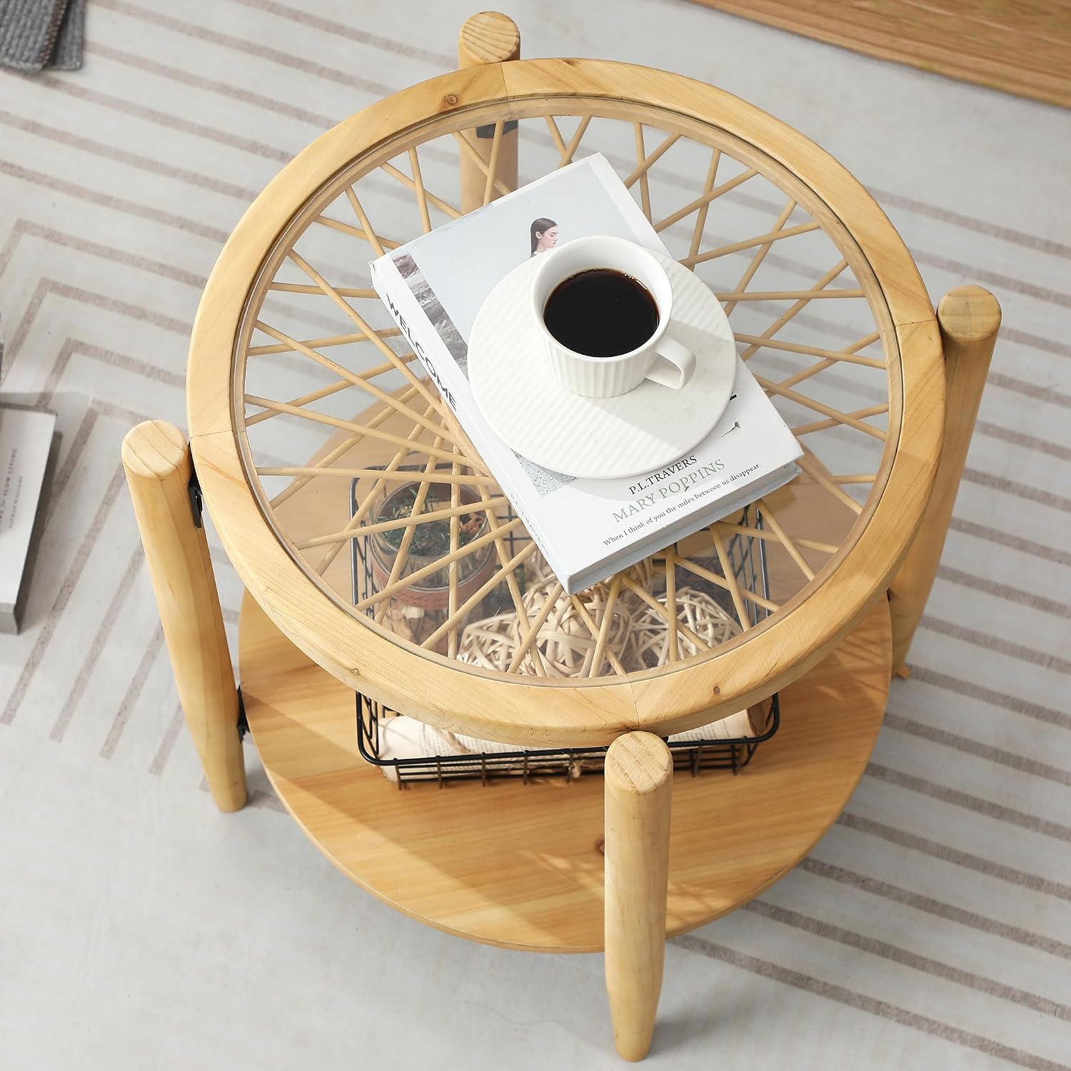 RUSTOWN Rattan Nightstands Set of 2,Boho Wood Round Side Tables, 2-Tier Natural End Table with Glass Top and Wood Legs, Sofa Side Table Bedside Table for Living Room Bedroom Couch(Natural)