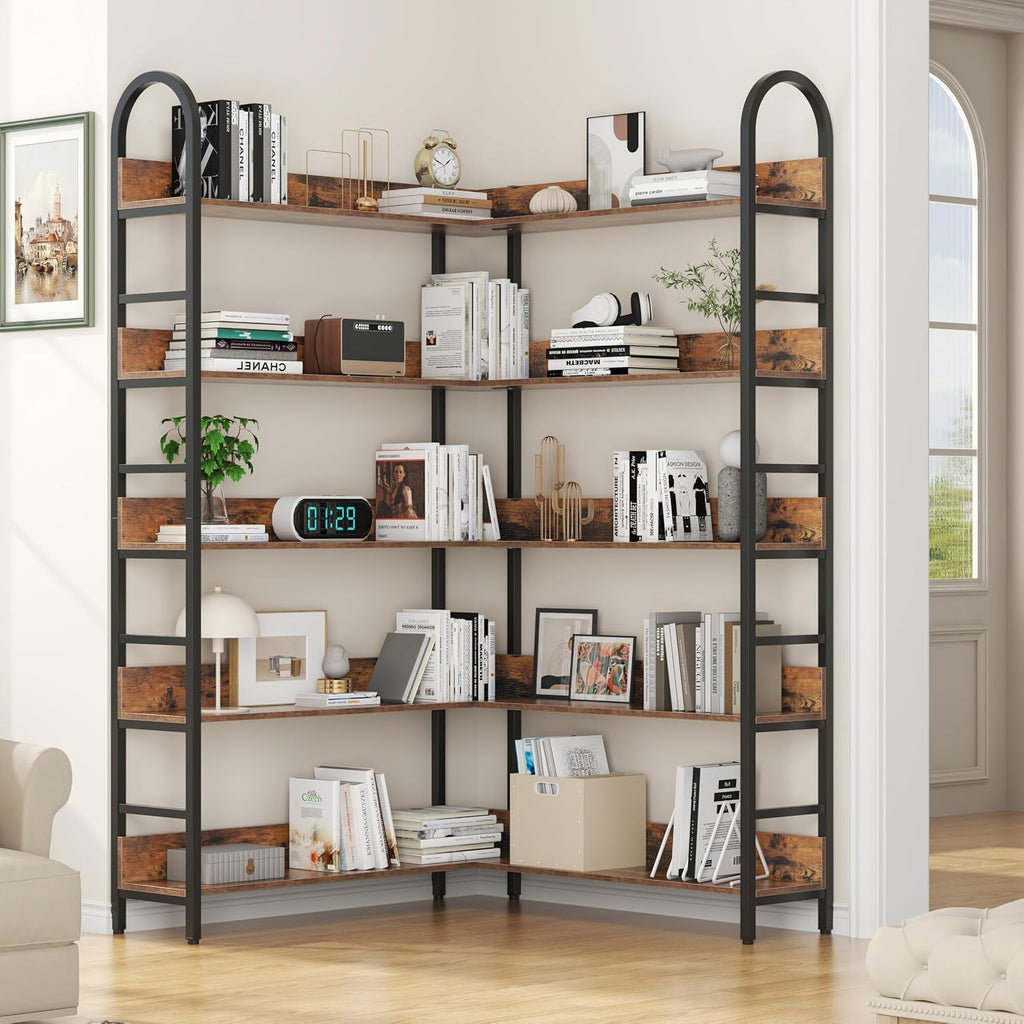 Nosepen L Shaped Corner Bookcase and Bookshelves, 5-Tier Tall Open Shelf Etagere Bookcase, Wood and Metal Large Library Industrial Bookcases Display Rack for Living Room Home Office,Black+Brown