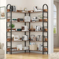 Nosepen L Shaped Corner Bookcase and Bookshelves, 5-Tier Tall Open Shelf Etagere Bookcase, Wood and Metal Large Library Industrial Bookcases Display Rack for Living Room Home Office,Black+Brown