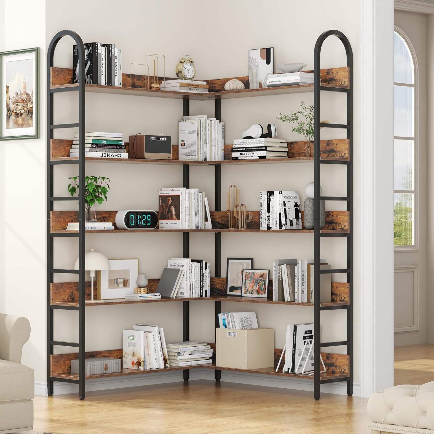 Nosepen L Shaped Corner Bookcase and Bookshelves, 5-Tier Tall Open Shelf Etagere Bookcase, Wood and Metal Large Library Industrial Bookcases Display Rack for Living Room Home Office,Black+Brown