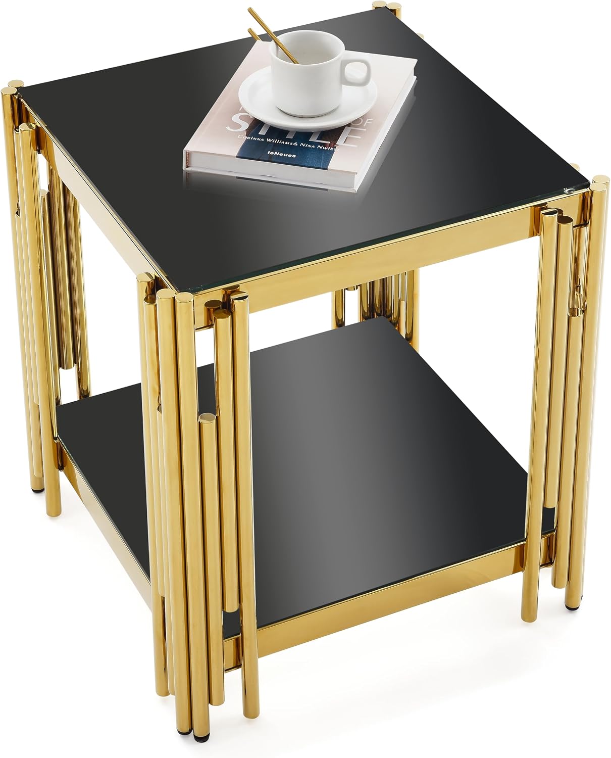 JIJIWANG 22' Small Square End Table, Side Table with Double-Layer Tempered Black Glass & Gold Stainless Steel Frame for Bedroom Living Room, Easy to Assemble Black