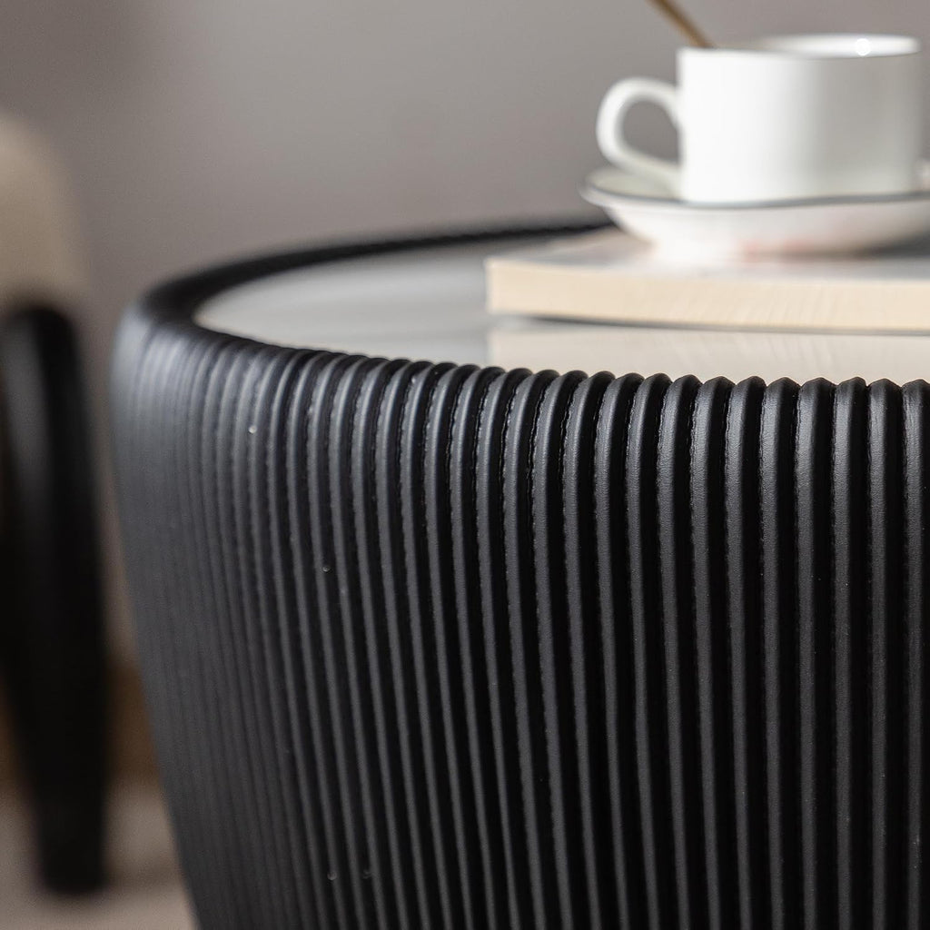 Modern Round End Table Luxury Sintered Stone Top Coffee Table in Black Leatherette Creative Bowl-Shape Small Coffee Side End Table for Living Room Bedroom,Fully Assembled