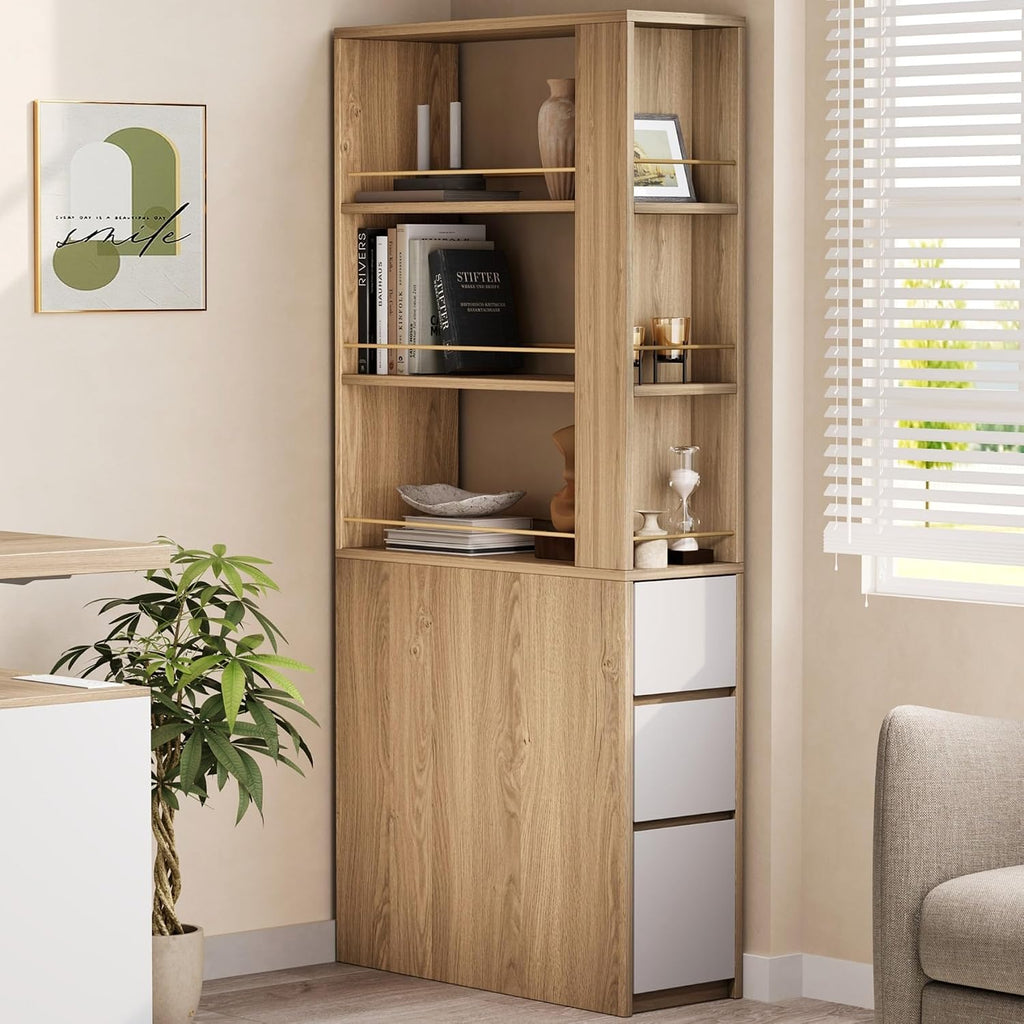 ModernMate 71' Tall Corner Bookshelf with 3 Drawers, Narrow Bookcase | 3-Tier Double-Sided Slim Bookcase for Small Space, Display Storage Shelves for Living Room, Home Office, Study, Light Walnut