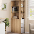 ModernMate 71' Tall Corner Bookshelf with 3 Drawers, Narrow Bookcase | 3-Tier Double-Sided Slim Bookcase for Small Space, Display Storage Shelves for Living Room, Home Office, Study, Light Walnut