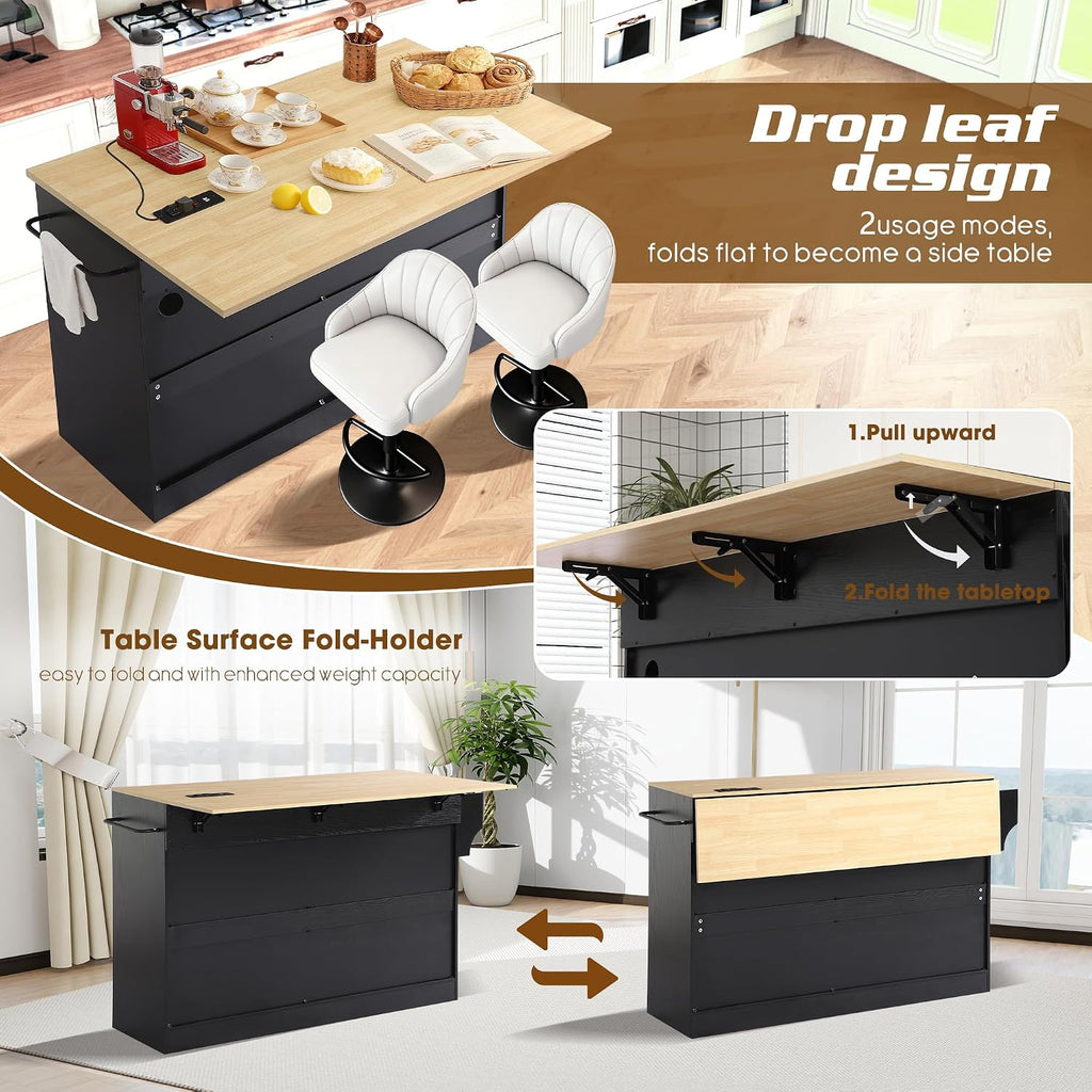 60' Kitchen Island with Power Outlet & Drop Leaf, Rolling Kitchen Island Table Cart w/Trash Can Storage Cabinet, Mobile Kitchen Cabinet on Wheels w/Drawers, Spice Rack, Towel Bar, Hooks (Black)