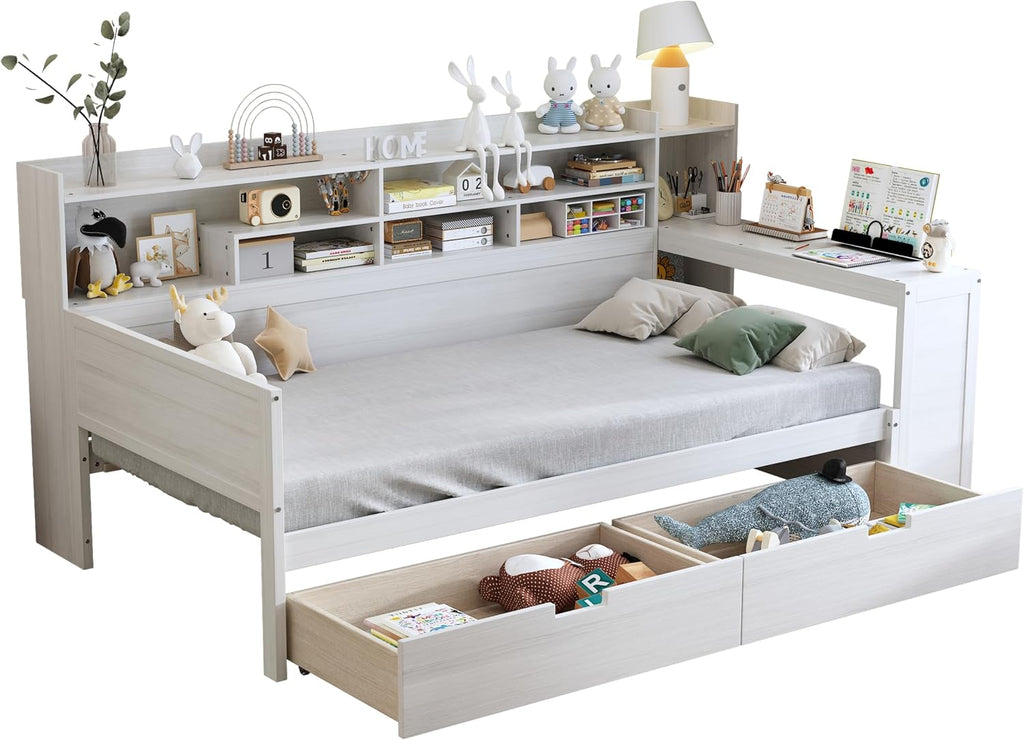 VilroCaz Wooden Twin Size Daybed with Storage Shelves and Study Desk, Multi-Functional Bed DayBed Frame with 2 Storage Drawers for Office Living Room Bedroom, Maximize Space (Antique White-8T)