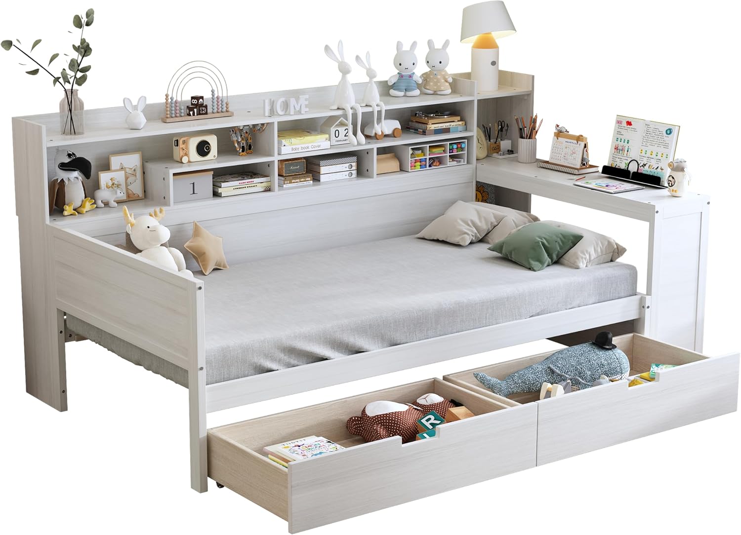 VilroCaz Wooden Twin Size Daybed with Storage Shelves and Study Desk, Multi-Functional Bed DayBed Frame with 2 Storage Drawers for Office Living Room Bedroom, Maximize Space (Antique White-8T)