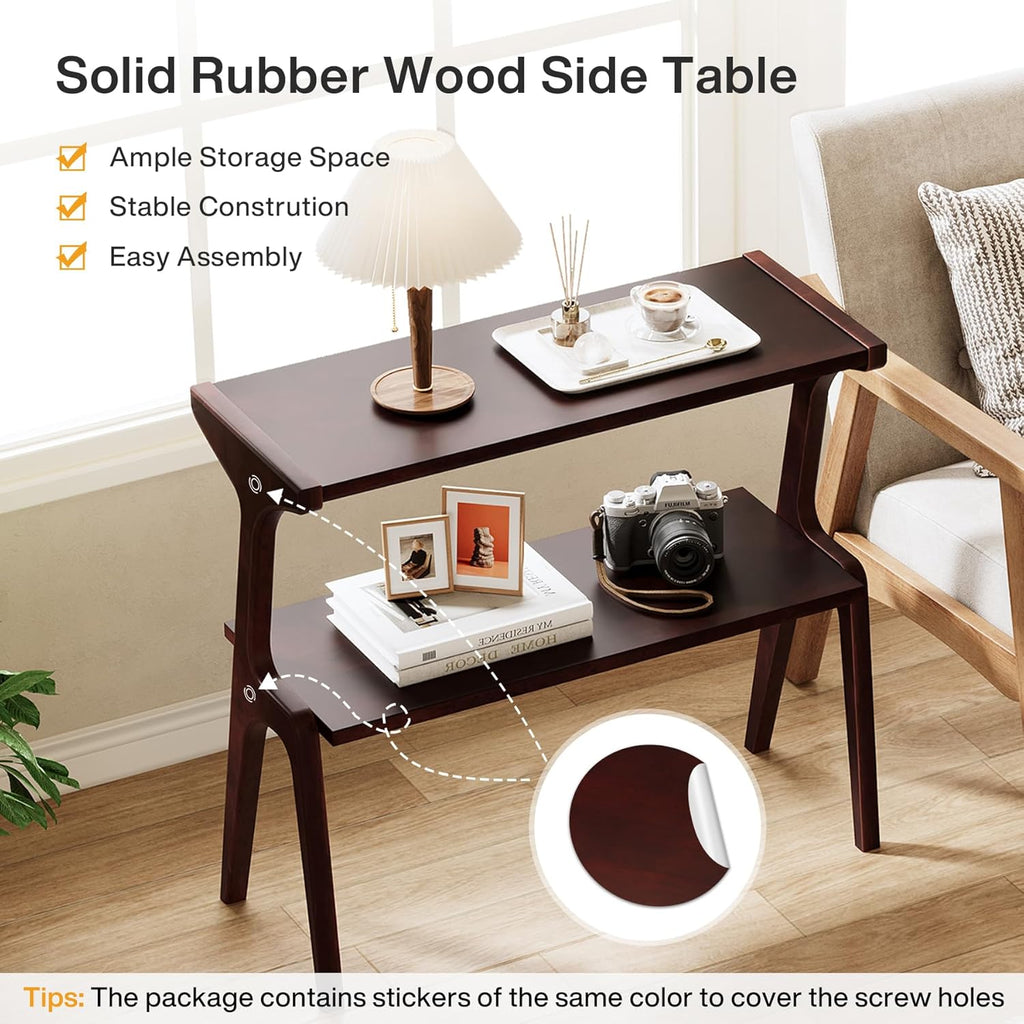 Tribesigns Set of 2 Wood Side Table, 2-Tier Narrow Tall End Table, Slim Side Table for Couch, Long Bedside Table for Bedroom, Living Room, Burgundy