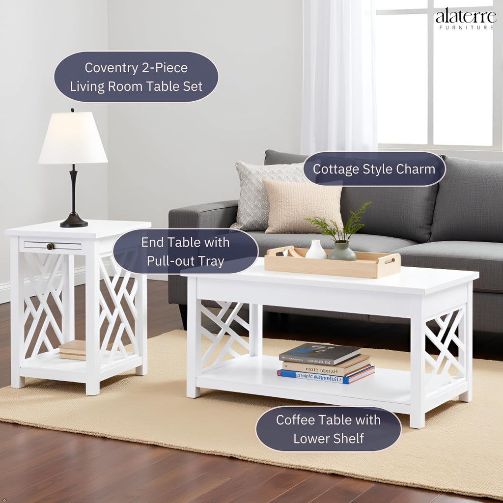 Coventry 2-Piece Living Room Table Set – Cottage Style Coffee Table and End Table with Lower Shelves and Pull-Out Tray – for Apartment, Loft, or Teen Room by Alaterre Furniture (White)