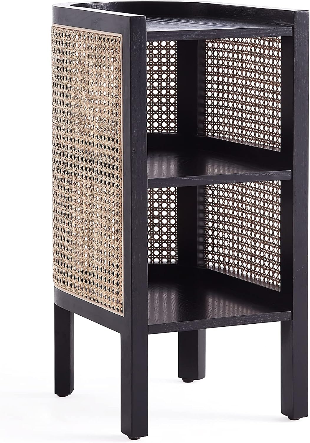 Manhattan Comfort Versailles Rattan Bedside End Table Accent Sofa Side Table for Living Room, Bedroom, Study and Home Office with 2 Shelf Storage, Black/Natural Cane