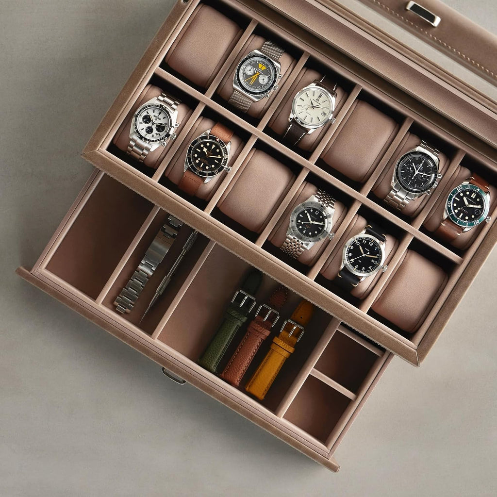 TAWBURY 12 Slot Watch Box with Storage Drawer – Premium Watch Storage Case for Men & Women | Handcrafted from PU Leather & Engineered Wood (Taupe)