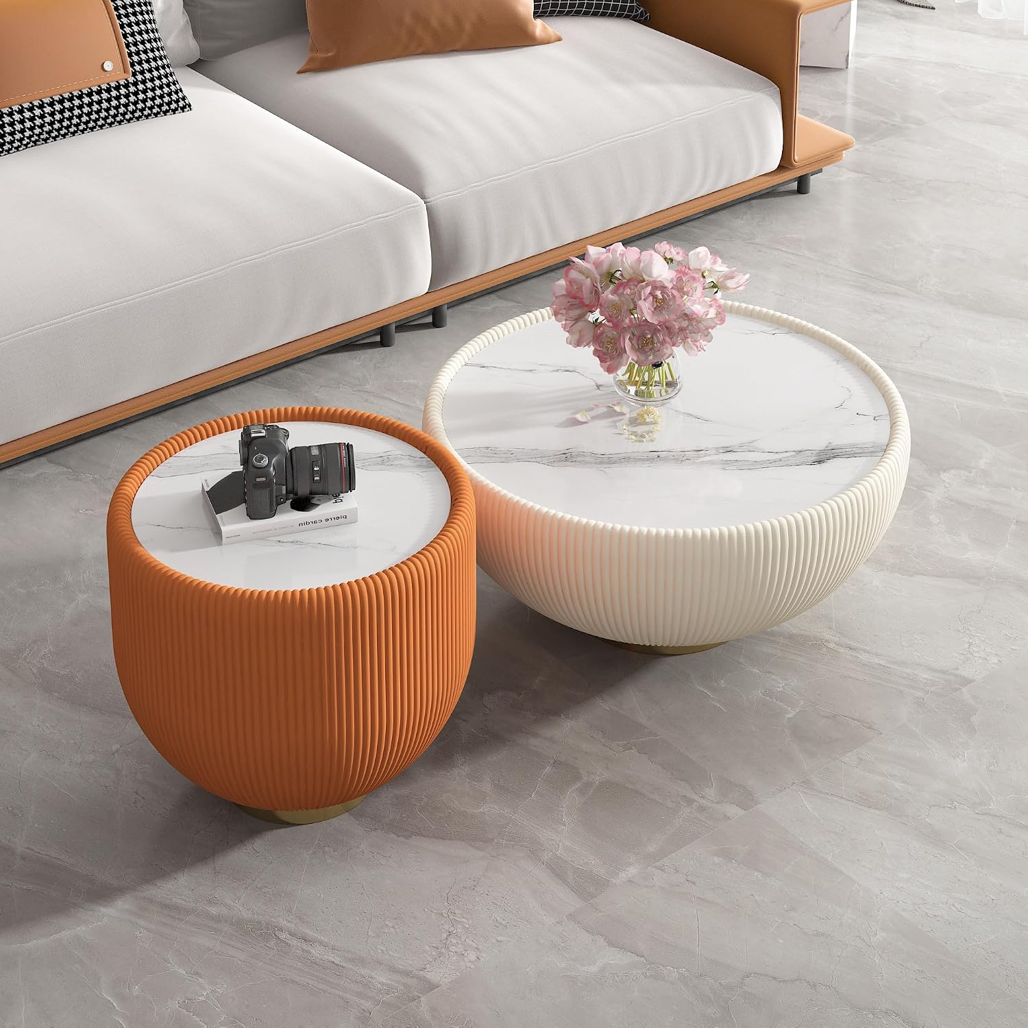 Modern Round End Table Luxury Sintered Stone Top Coffee Table in Orange Leatherette Creative Bowl-Shape Small Coffee Side End Table for Living Room Bedroom,Fully Assembled