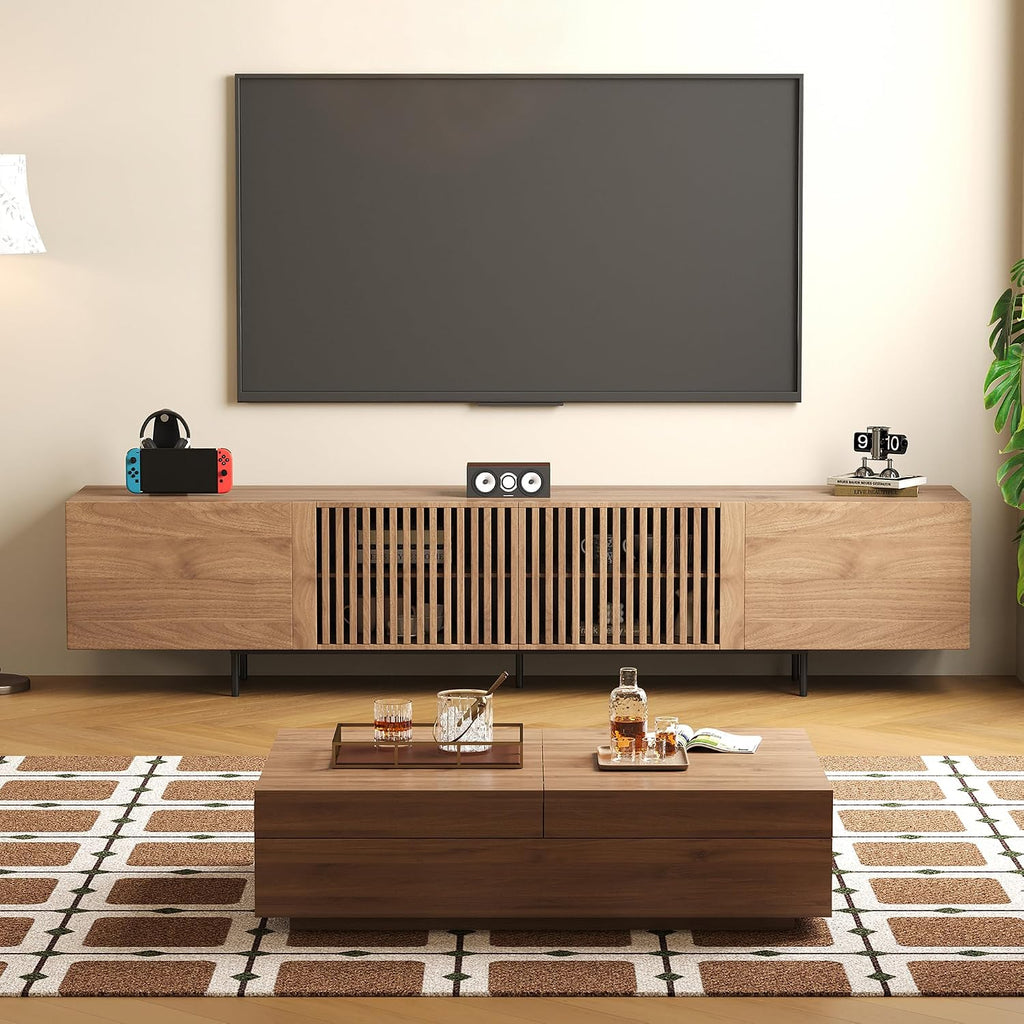 Mid-Century Modern 94.48' TV Stand and Expandable Coffee Table Set, Large Walnut Entertainment Center with Storage for Living Room and Bedroom Furniture Decor