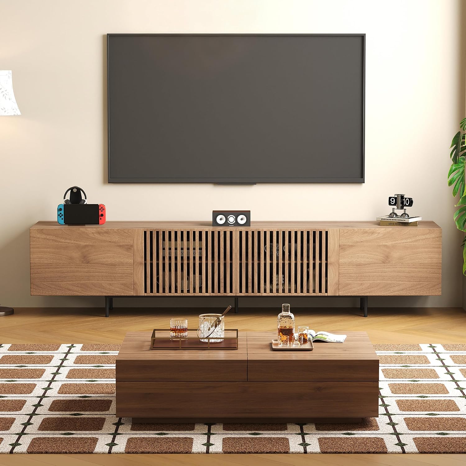 Mid-Century Modern 94.48' TV Stand and Expandable Coffee Table Set, Large Walnut Entertainment Center with Storage for Living Room and Bedroom Furniture Decor